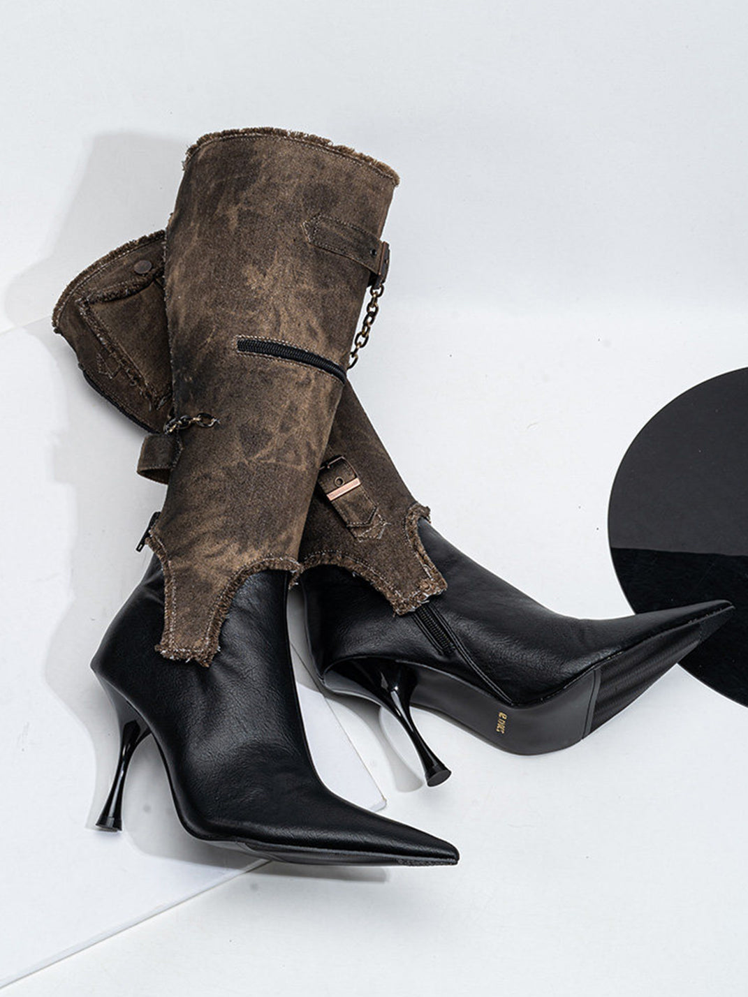 Detachable Distressed-Shaft Stiletto Boots - View 14