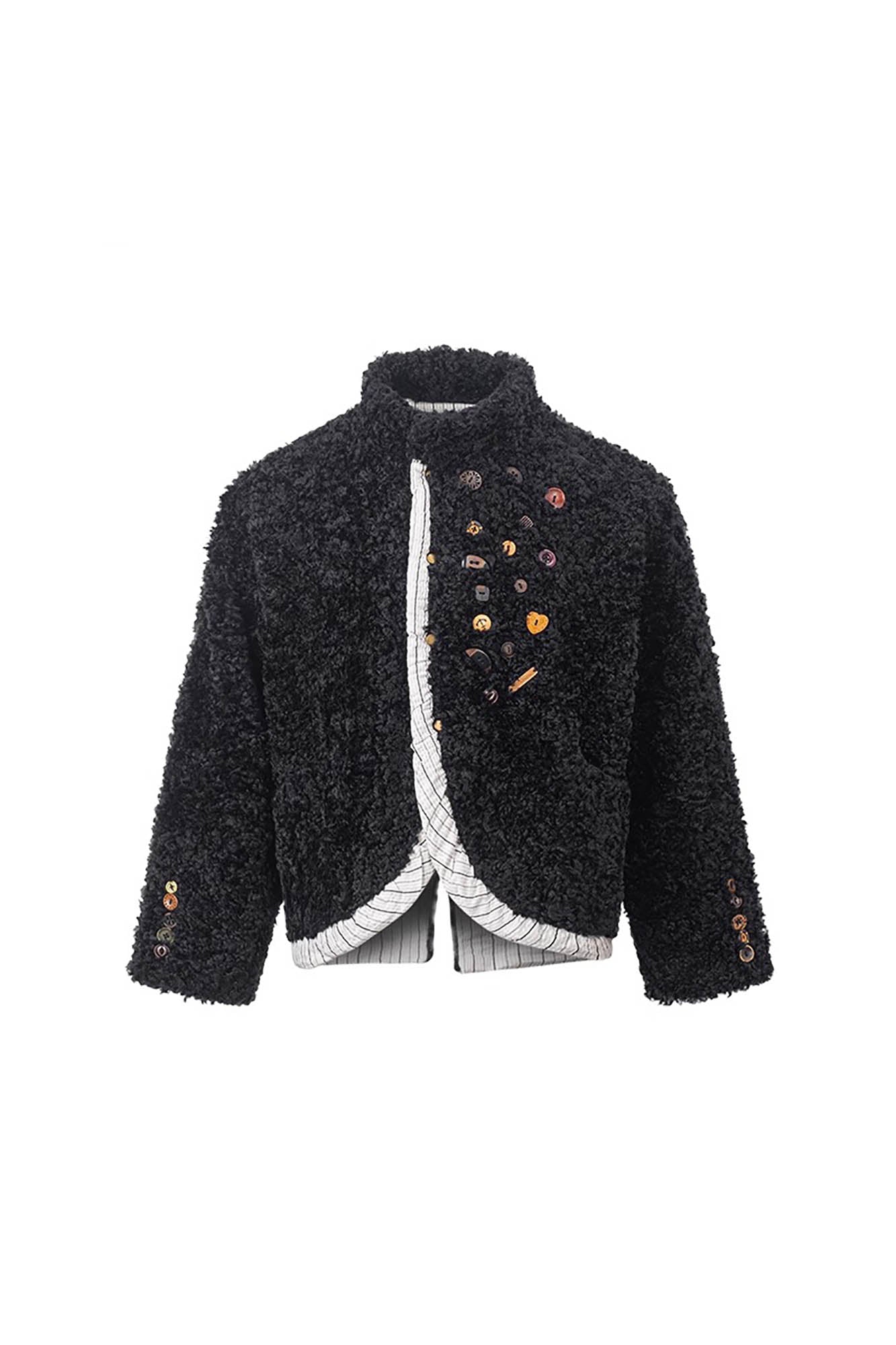 Button Embellished Curly Fleece Jacket