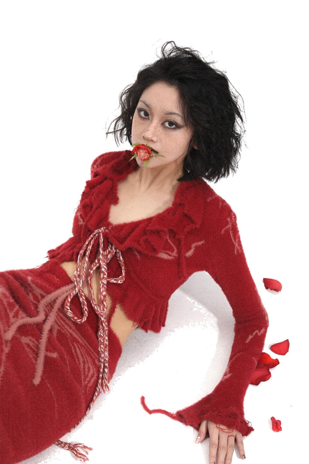 Red Mohair Cropped Wrap Sweater