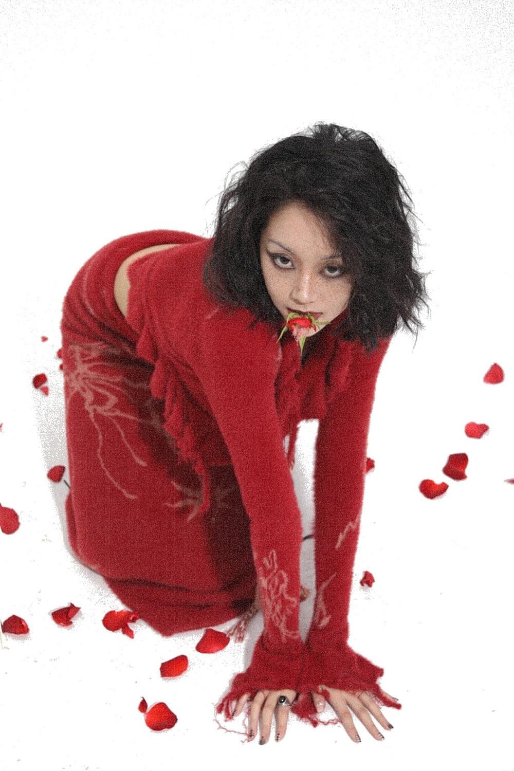 Red Mohair Cropped Wrap Sweater
