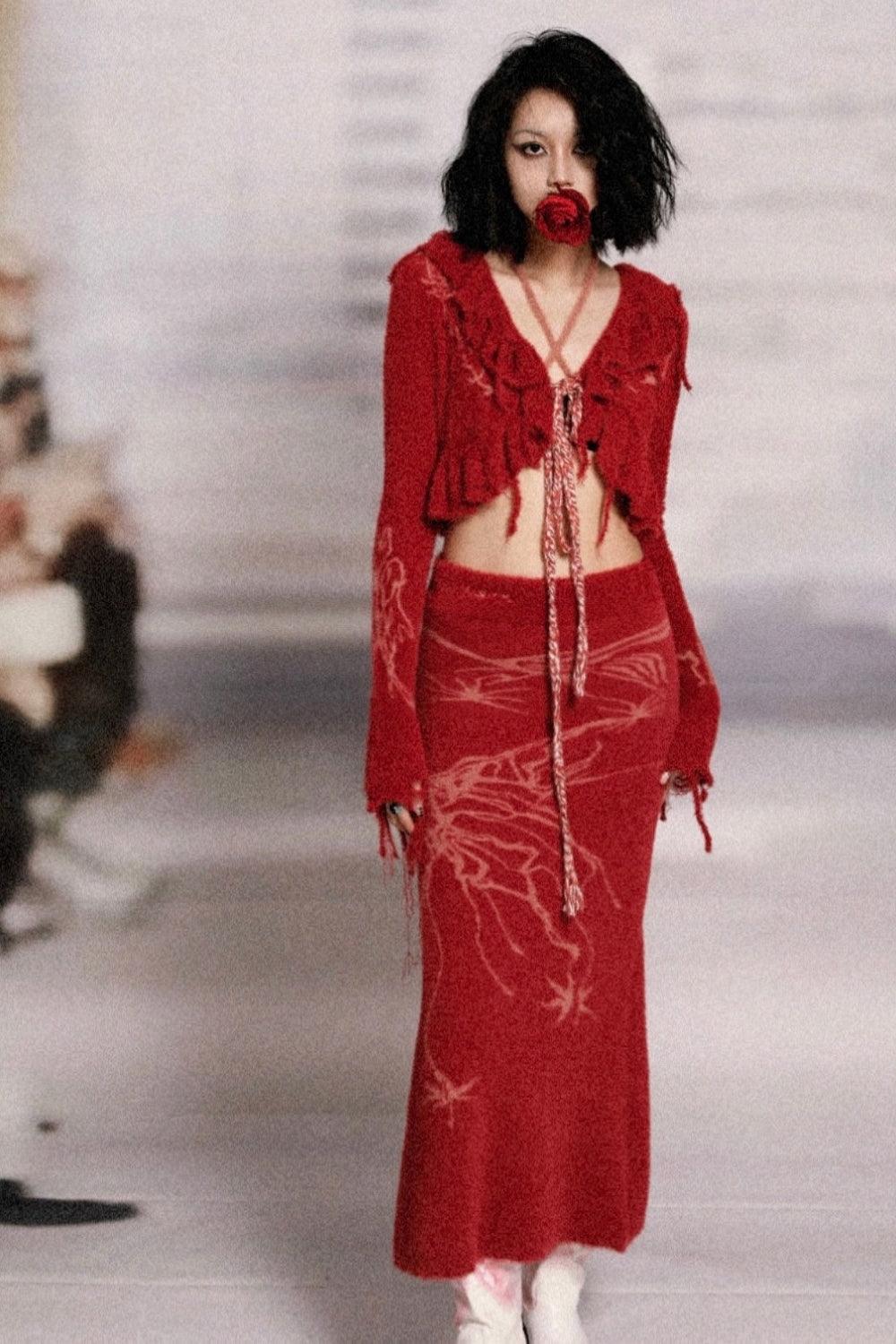 Red Mohair Cropped Wrap Sweater