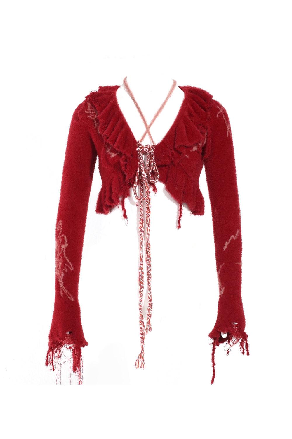 Red Mohair Cropped Wrap Sweater