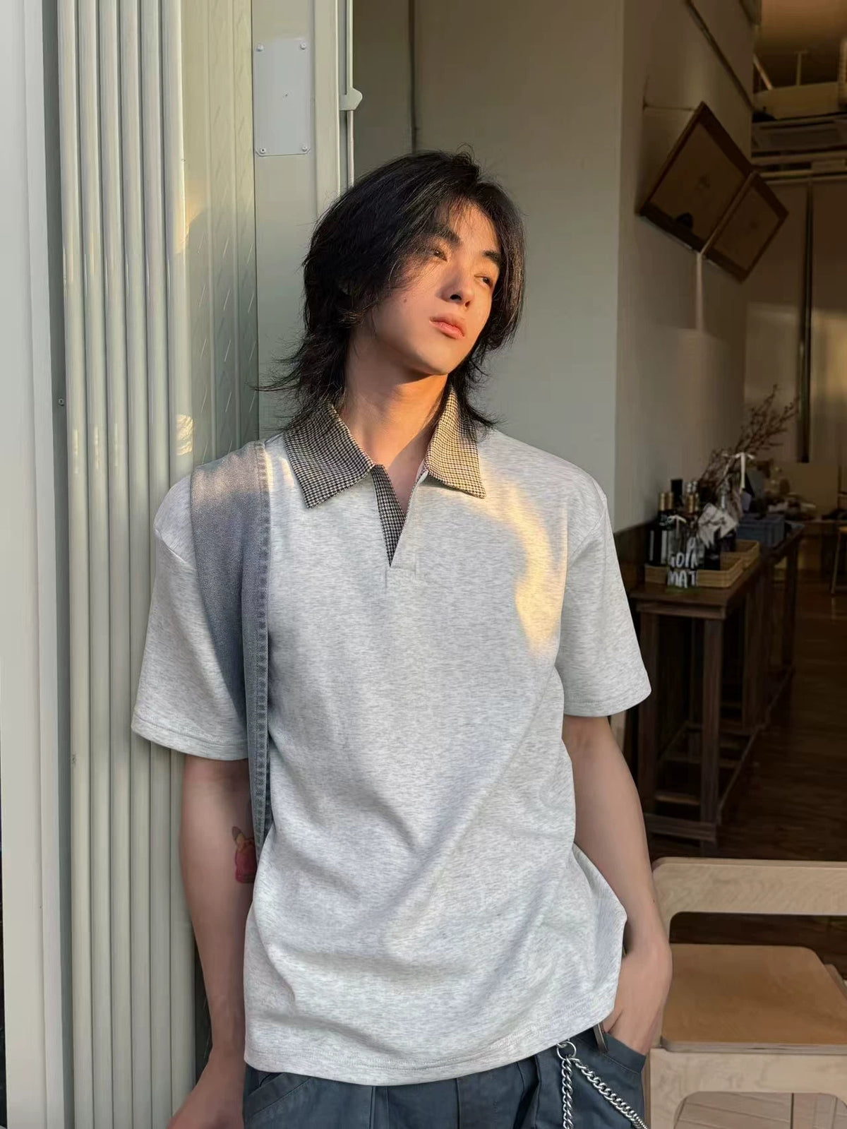 Houndstooth-Collar Short-Sleeve Polo product view 11