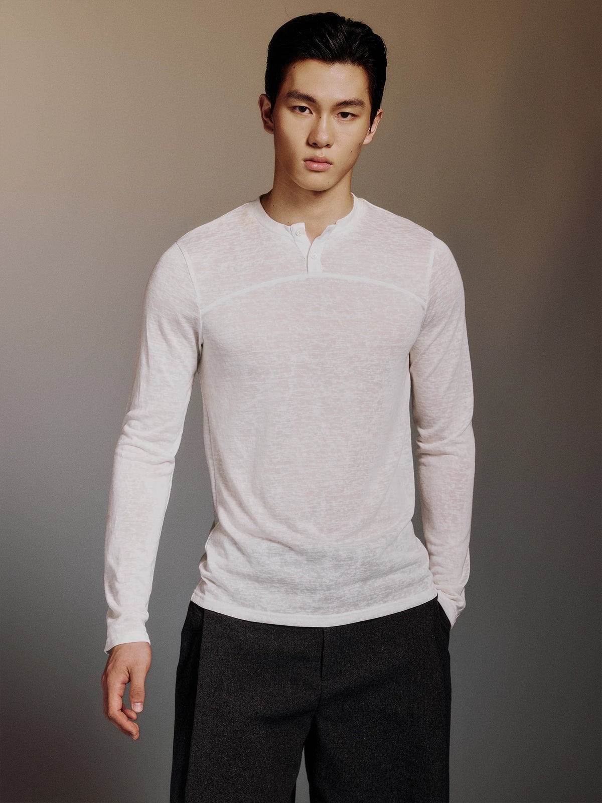 Sheer Panel Long-Sleeve Henley product view 3
