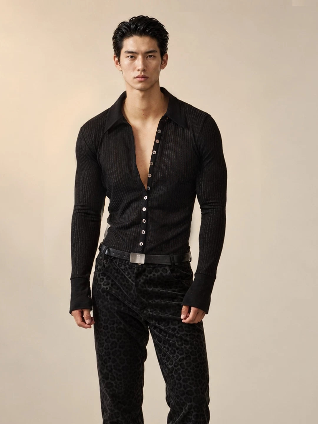Sheer Ribbed Button-Front Shirt product view 2