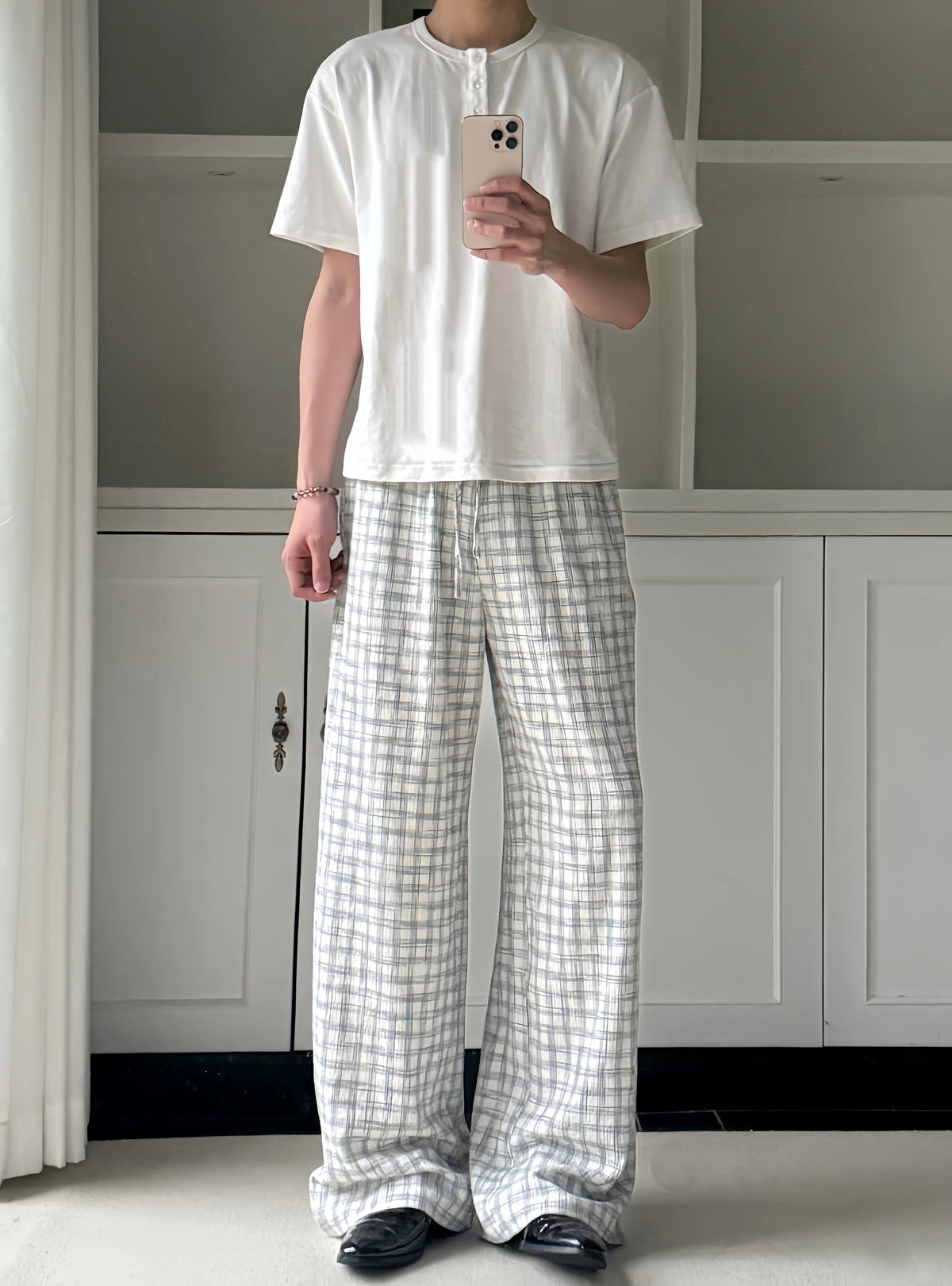 Crinkled Check Wide-Leg Drawstring Pants product view 6
