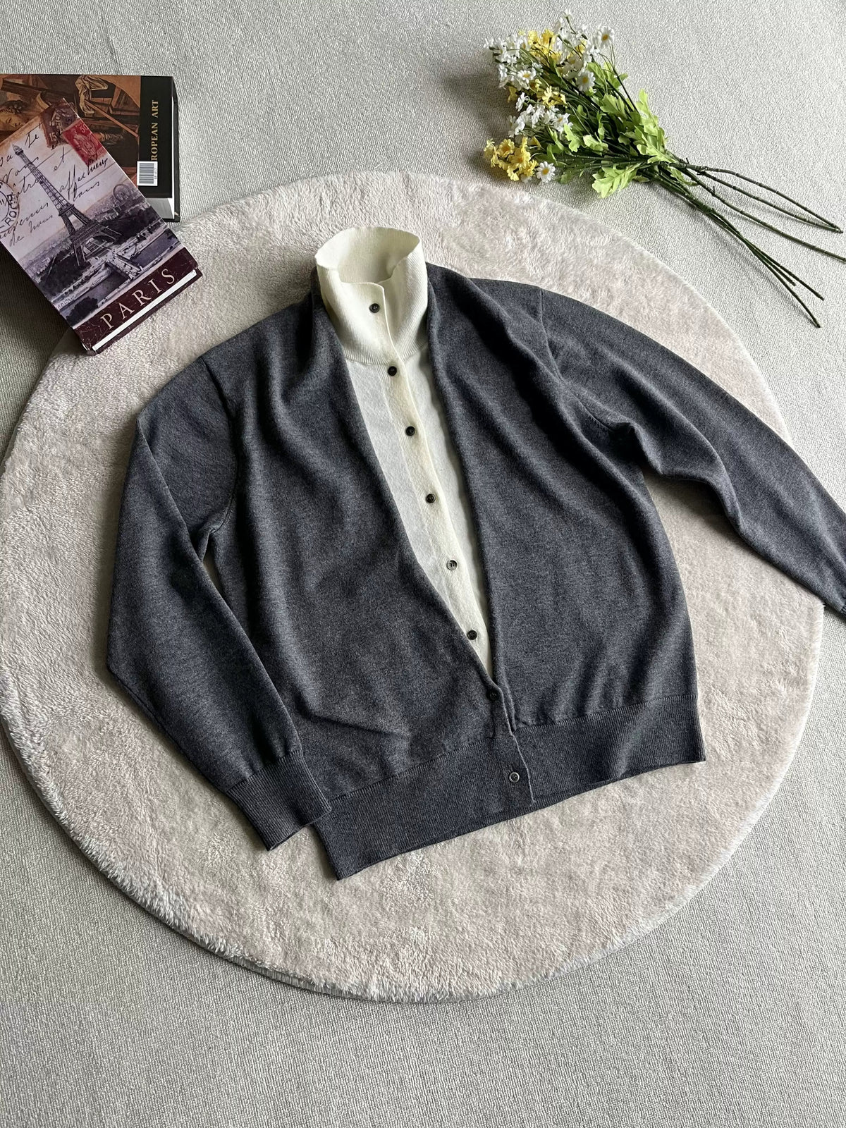 Layered-Look Contrast-Collar Knit Cardigan product view 1