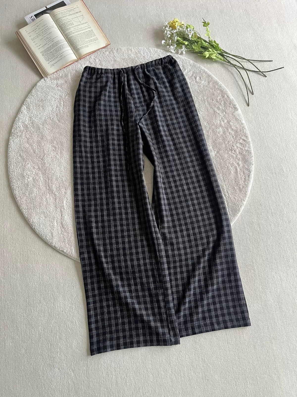 Crinkled Check Wide-Leg Drawstring Pants product view 2