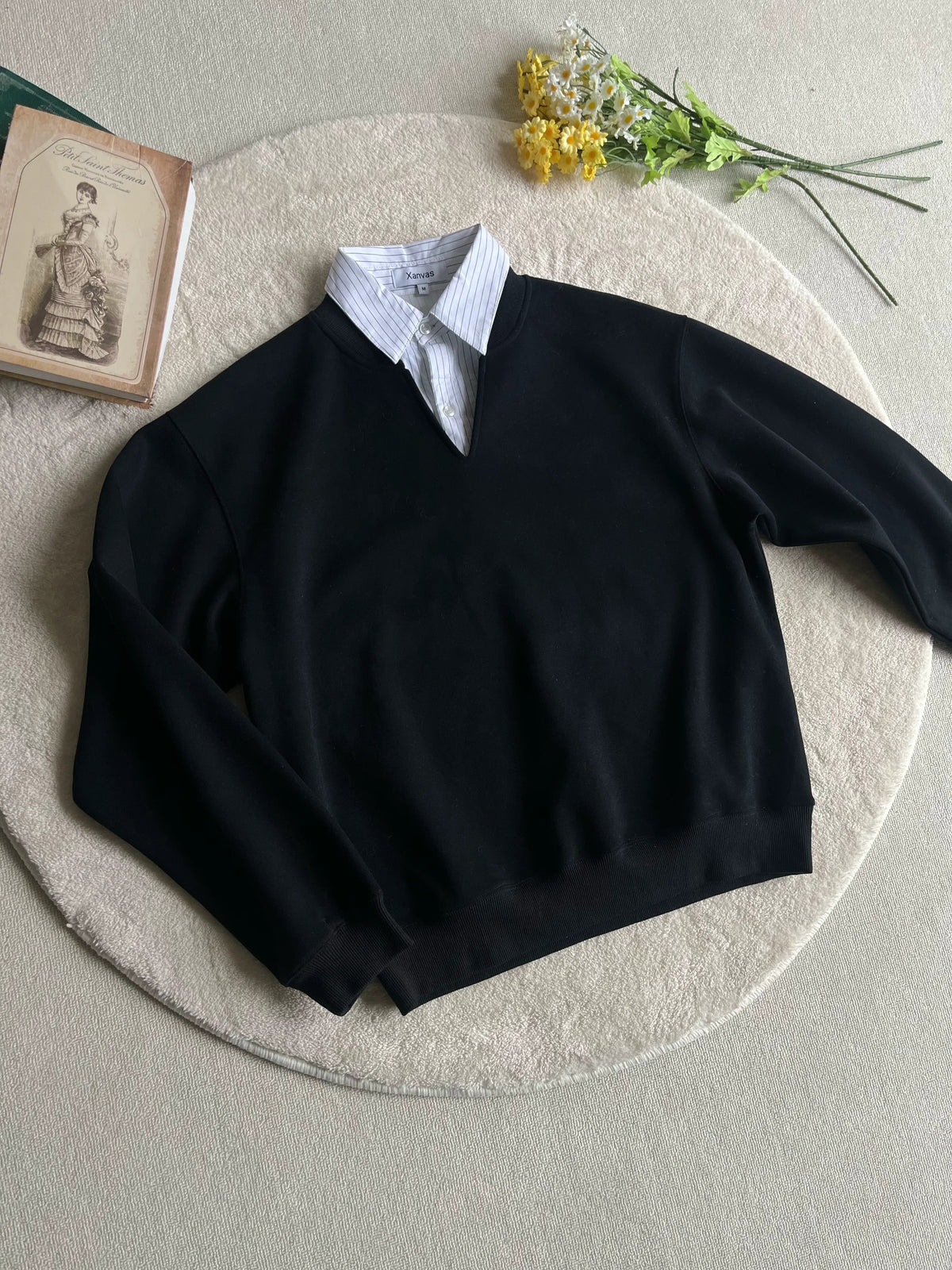 Layered-Look Collared V-Neck Sweatshirt product view 1