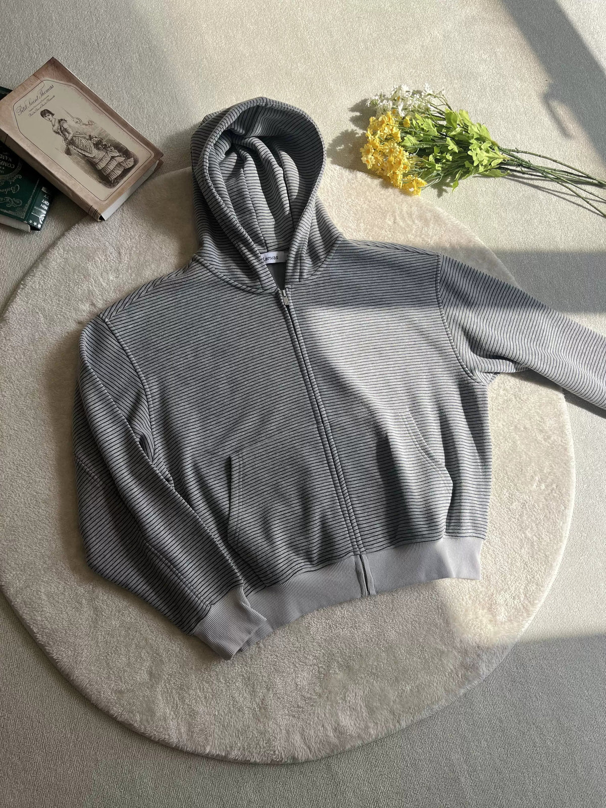 Fine-Stripe Fleece-Lined Zip Hoodie product view 1