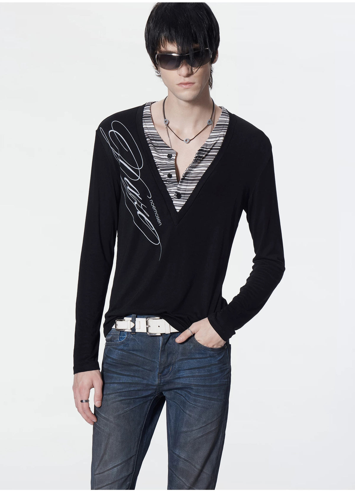 Layered Stripe Deep-V Henley Top product view 3