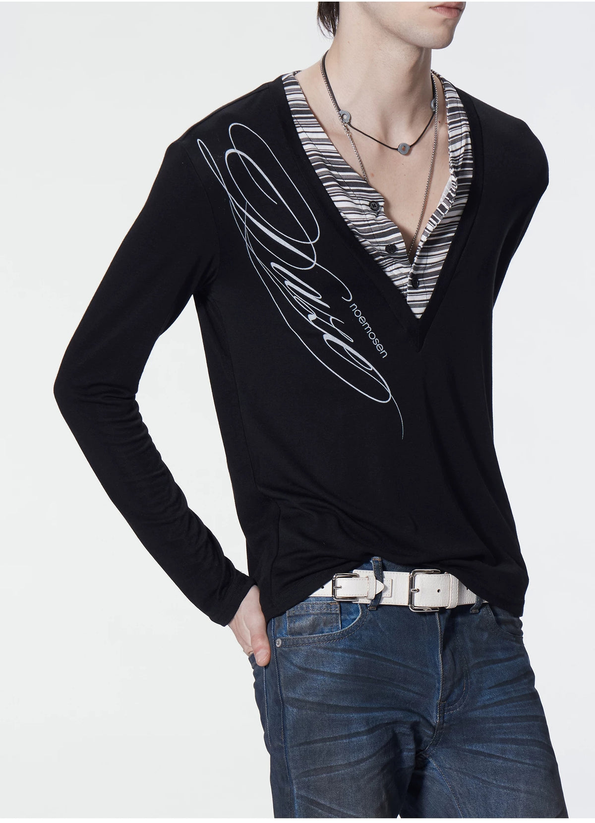Layered Stripe Deep-V Henley Top product view 5