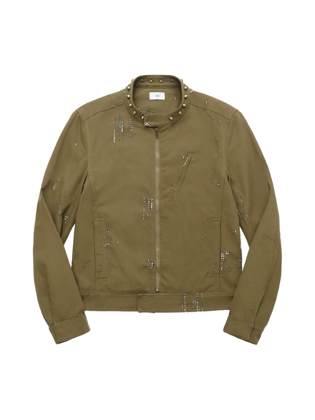 Studded Collar Distressed Cotton Biker Jacket - product view