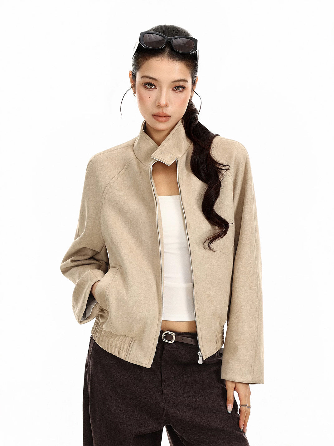 Suede-Effect Cropped Elastic-Hem Zip Jacket - view 2