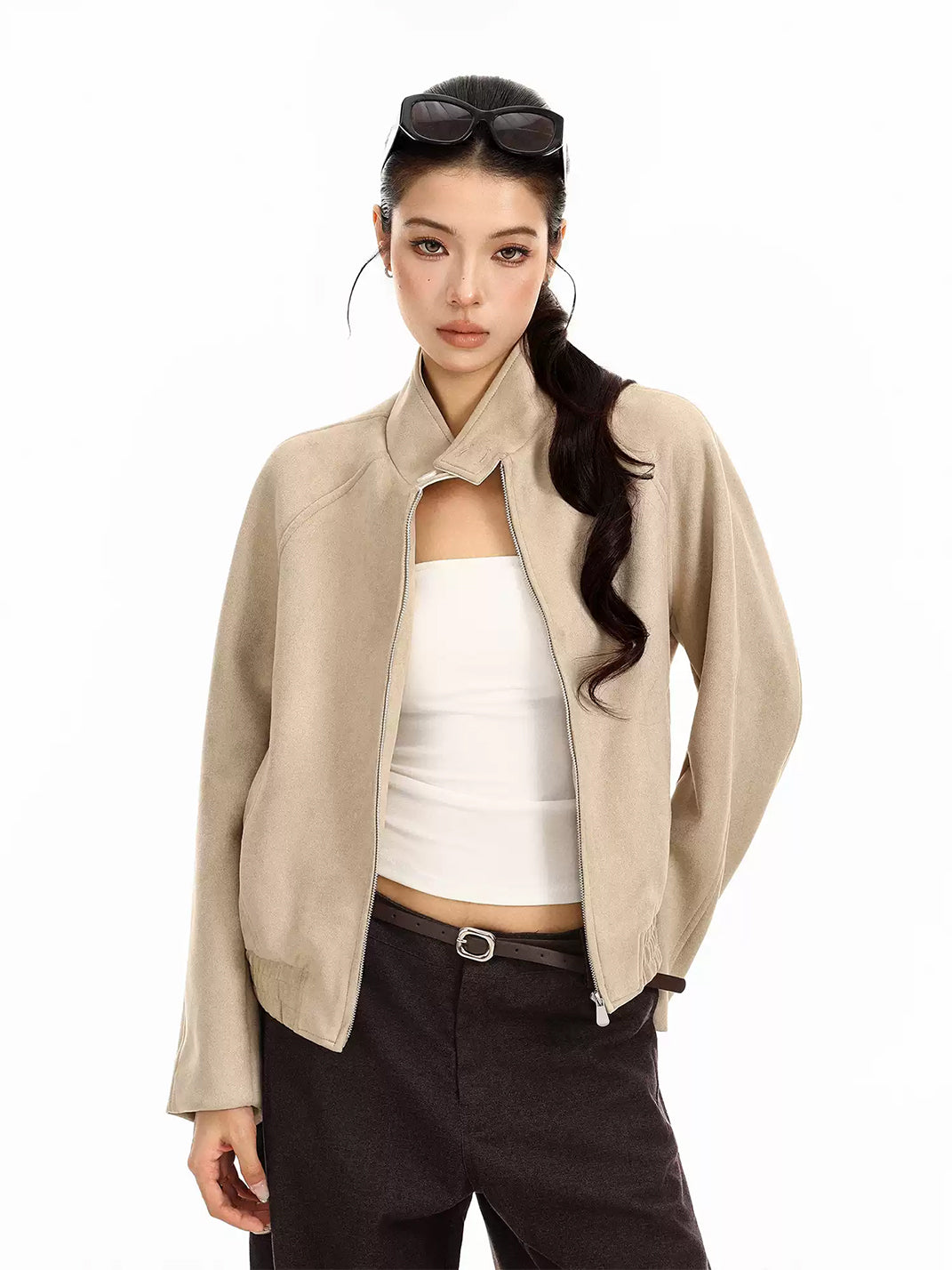 Suede-Effect Cropped Elastic-Hem Zip Jacket - view 3