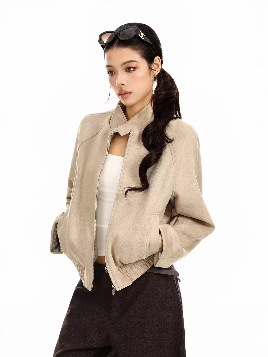 Suede-Effect Cropped Elastic-Hem Zip Jacket - view 4