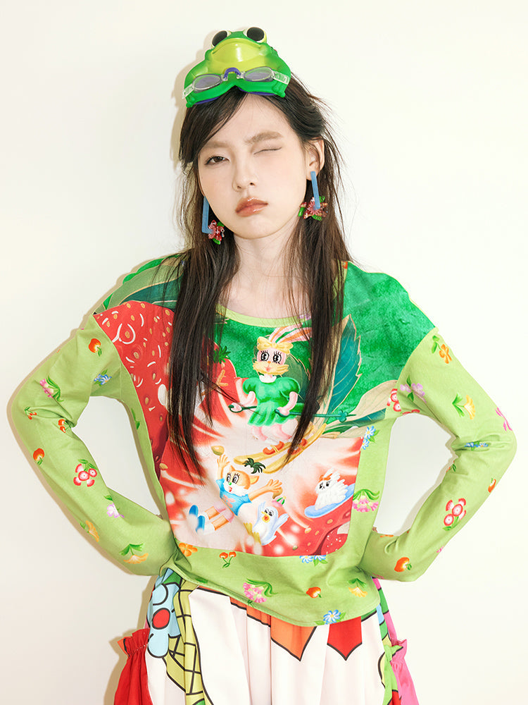 Green Strawberry Print Long Sleeve Top