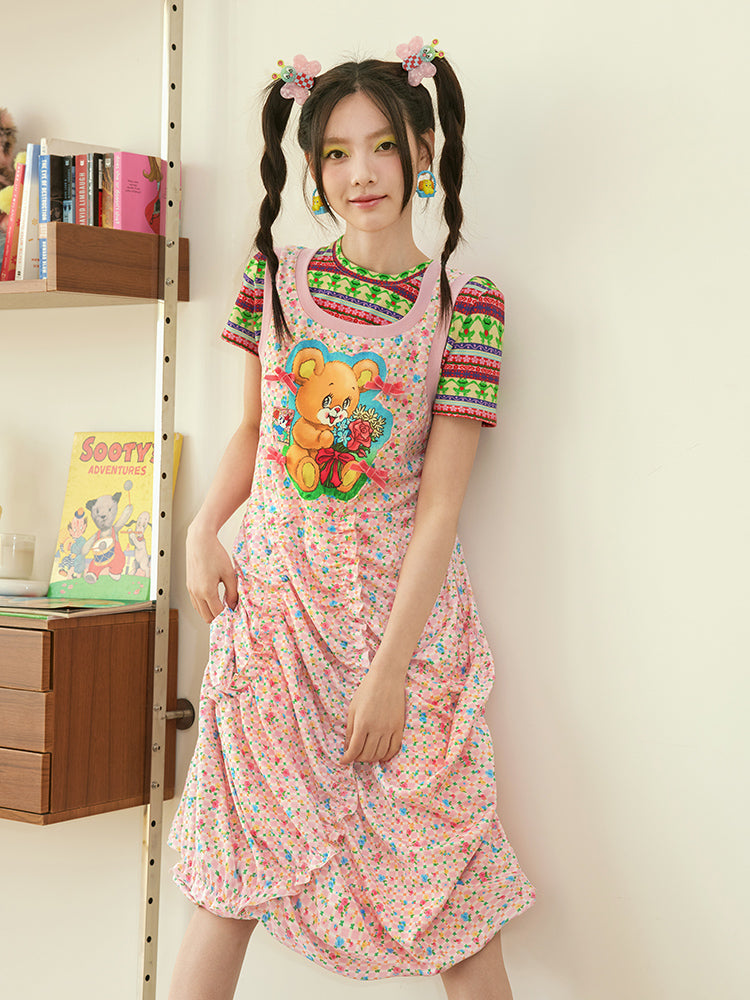 Pink Floral Bear Tank Summer Dress