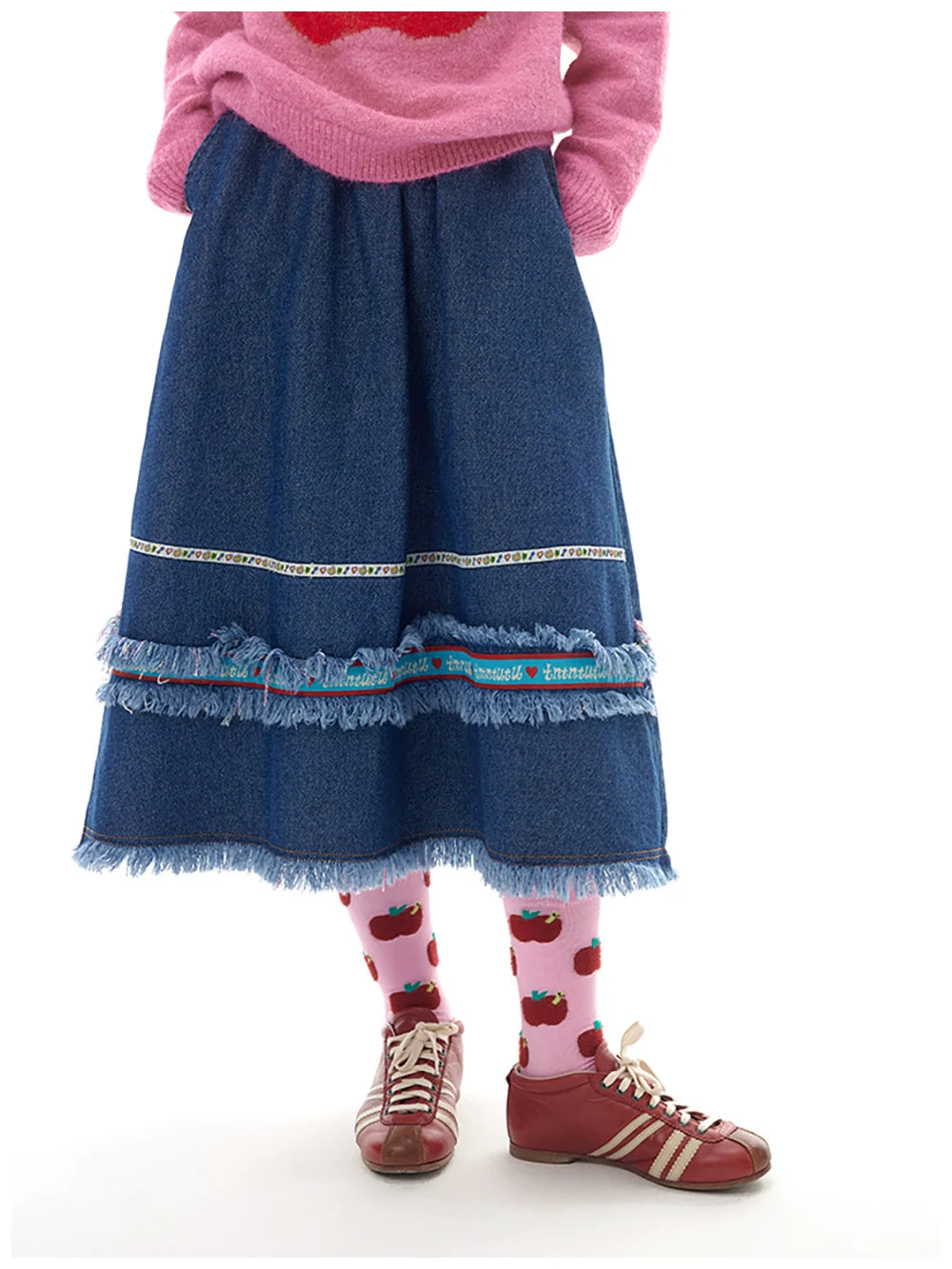 Denim Frayed Tiered Midi Skirt