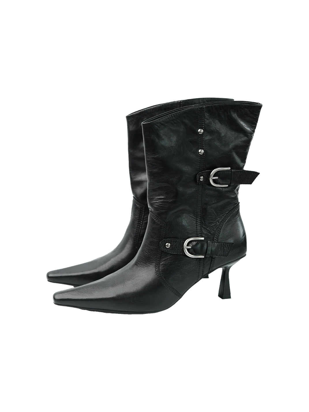 Twin-Buckle Creased Leather Stiletto Boots — product view 1