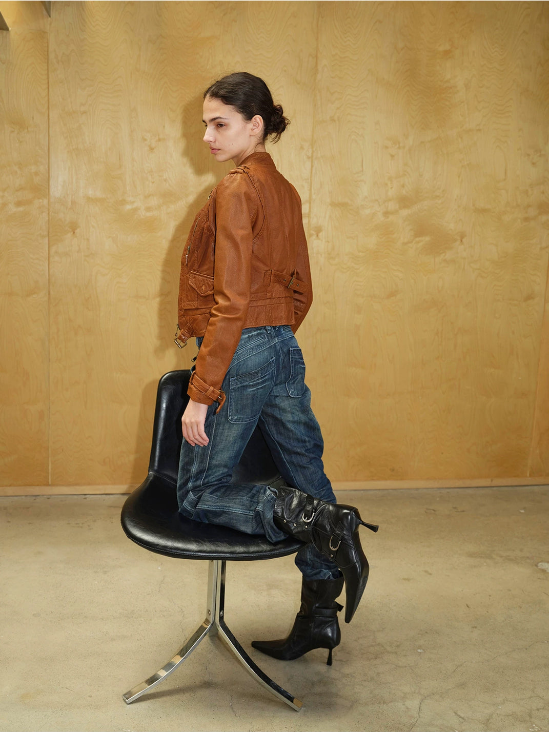Twin-Buckle Creased Leather Stiletto Boots — product view 3
