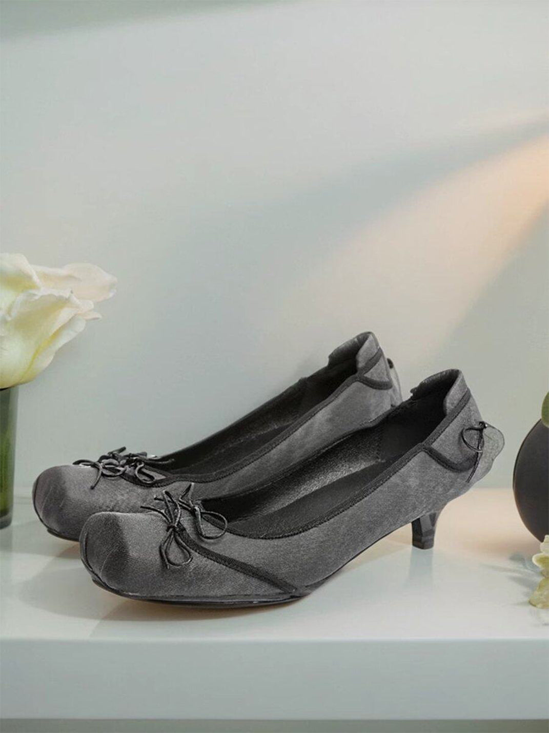 Square-Toe Mesh Bow Kitten-Heel Flats - View 10