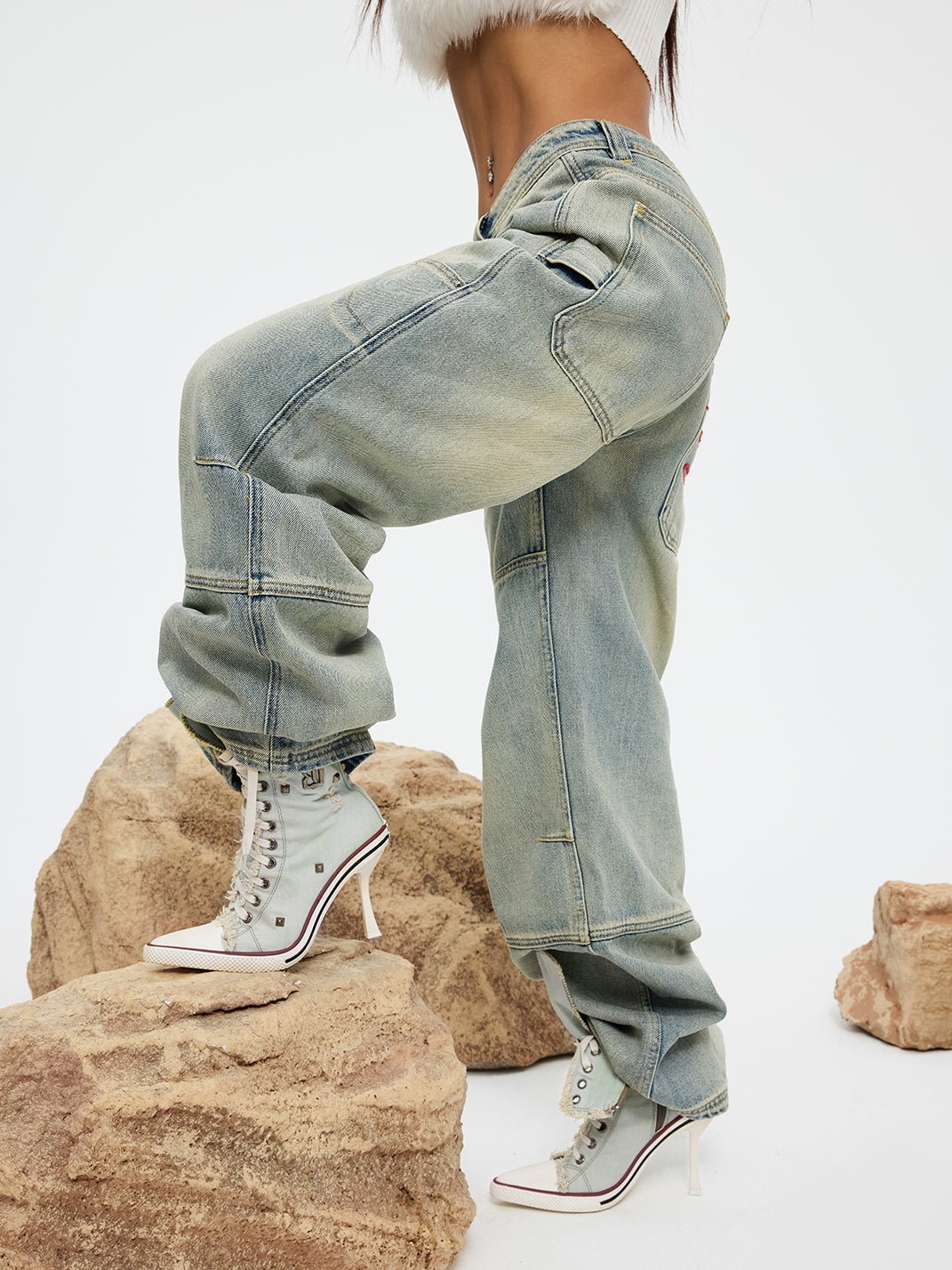 Distressed Studded Denim Platform Boots - View 6