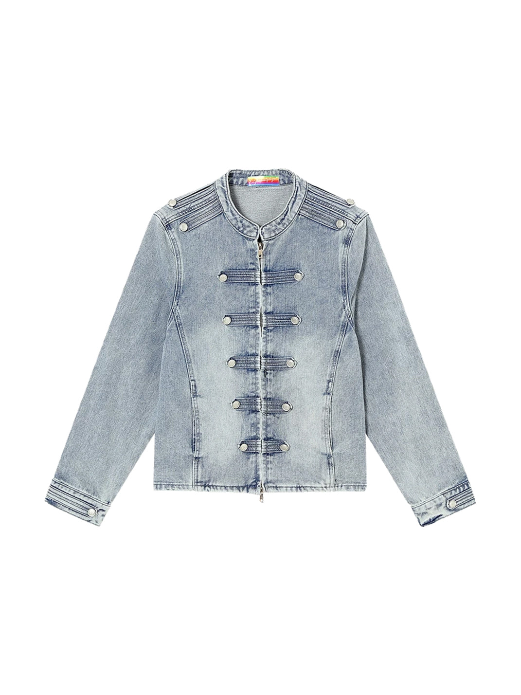 Washed Denim Epaulette Cropped Zip Jacket - product view