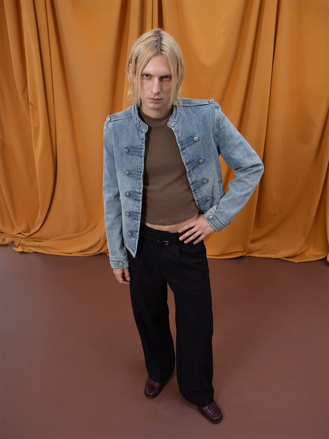 Washed Denim Epaulette Cropped Zip Jacket - view 5