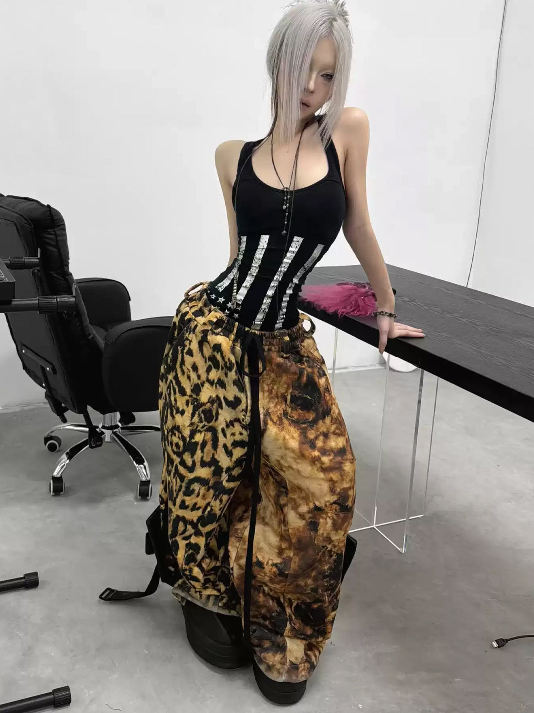 Weathered Leopard Wide-Leg Drawstring Pants — product view 5