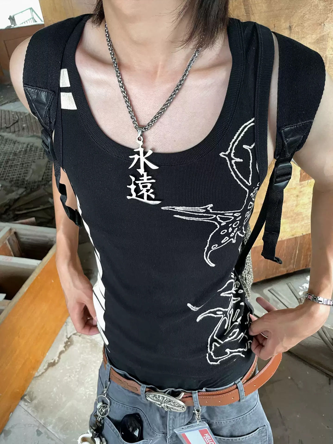 Line-Graphic Fitted Ribbed Tank Top - View 6