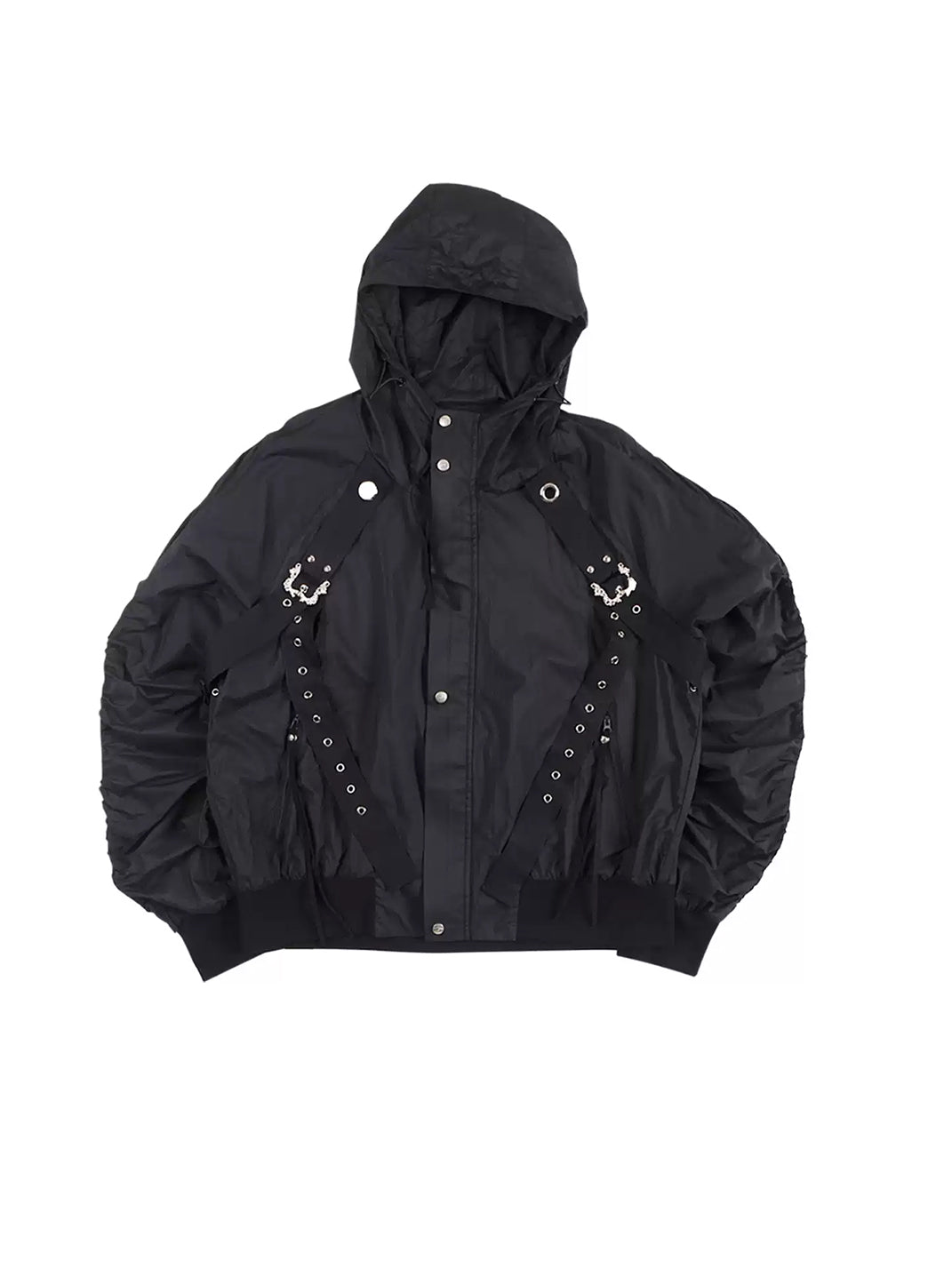 Pleated-Sleeve Eyelet Hooded Utility Jacket