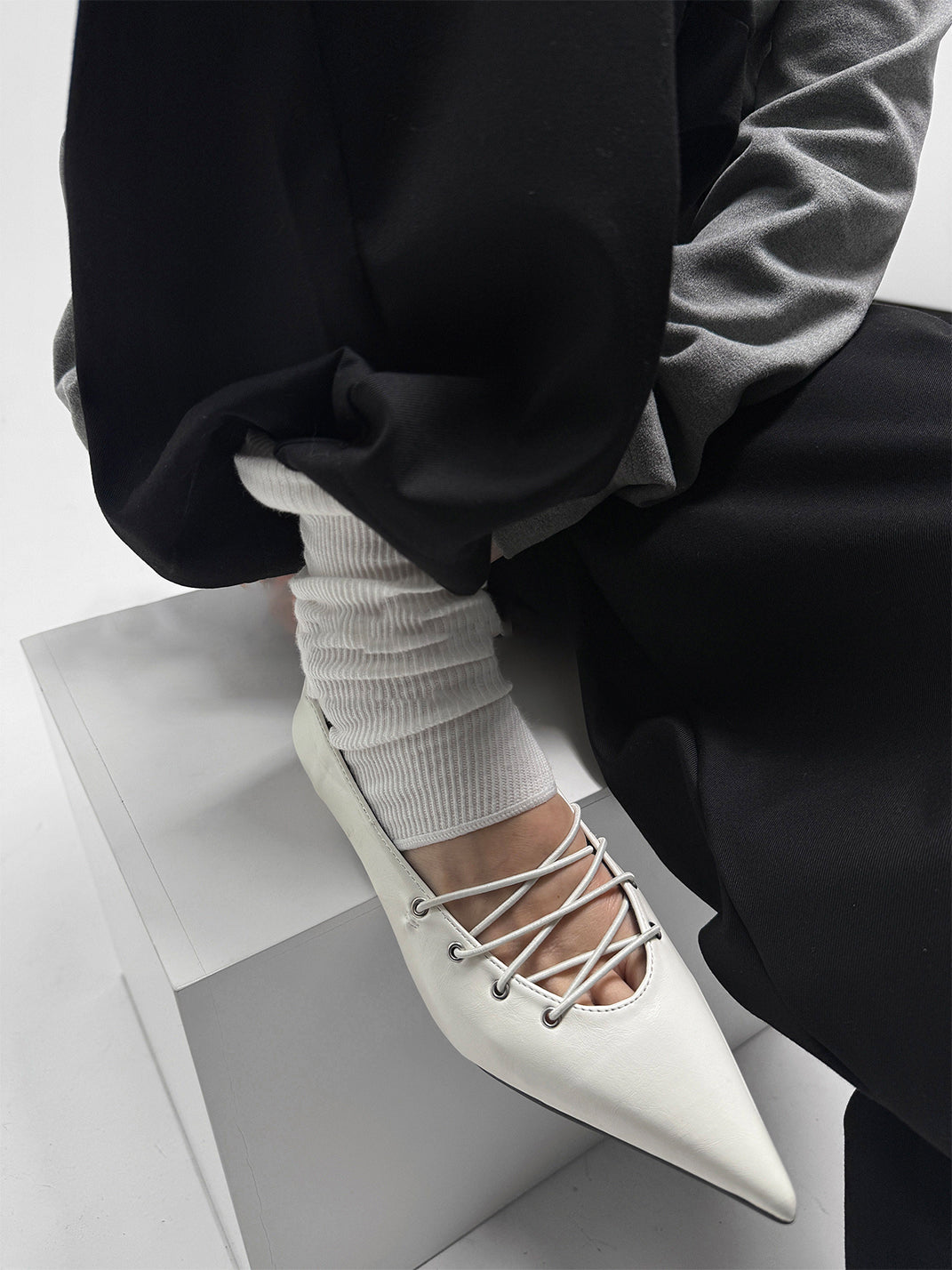 White Corset-Lace Pointed Ballet Flats - View 3