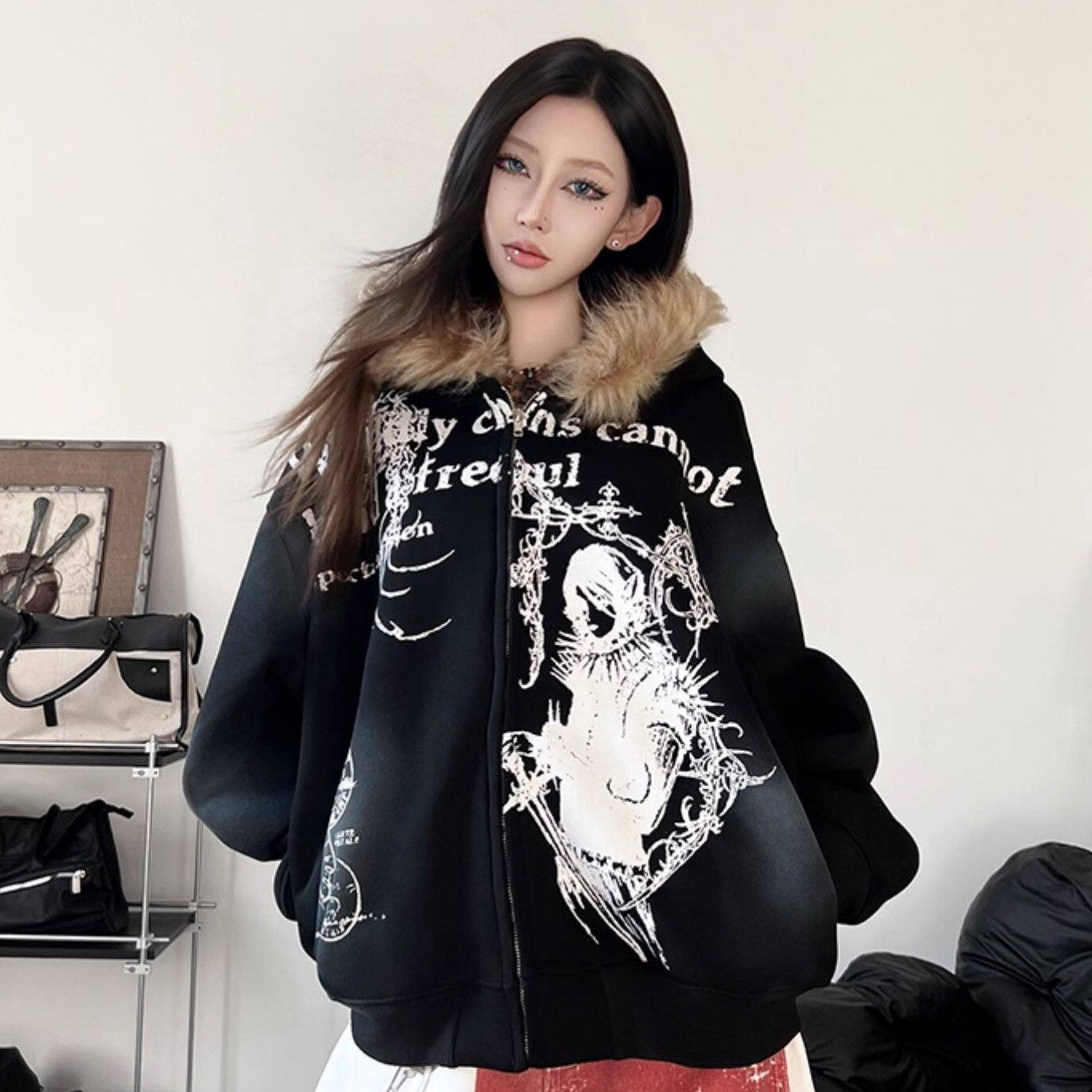 Men's Faux-Fur Collar Graphic-Print Oversized Zip-Up Hoodie
