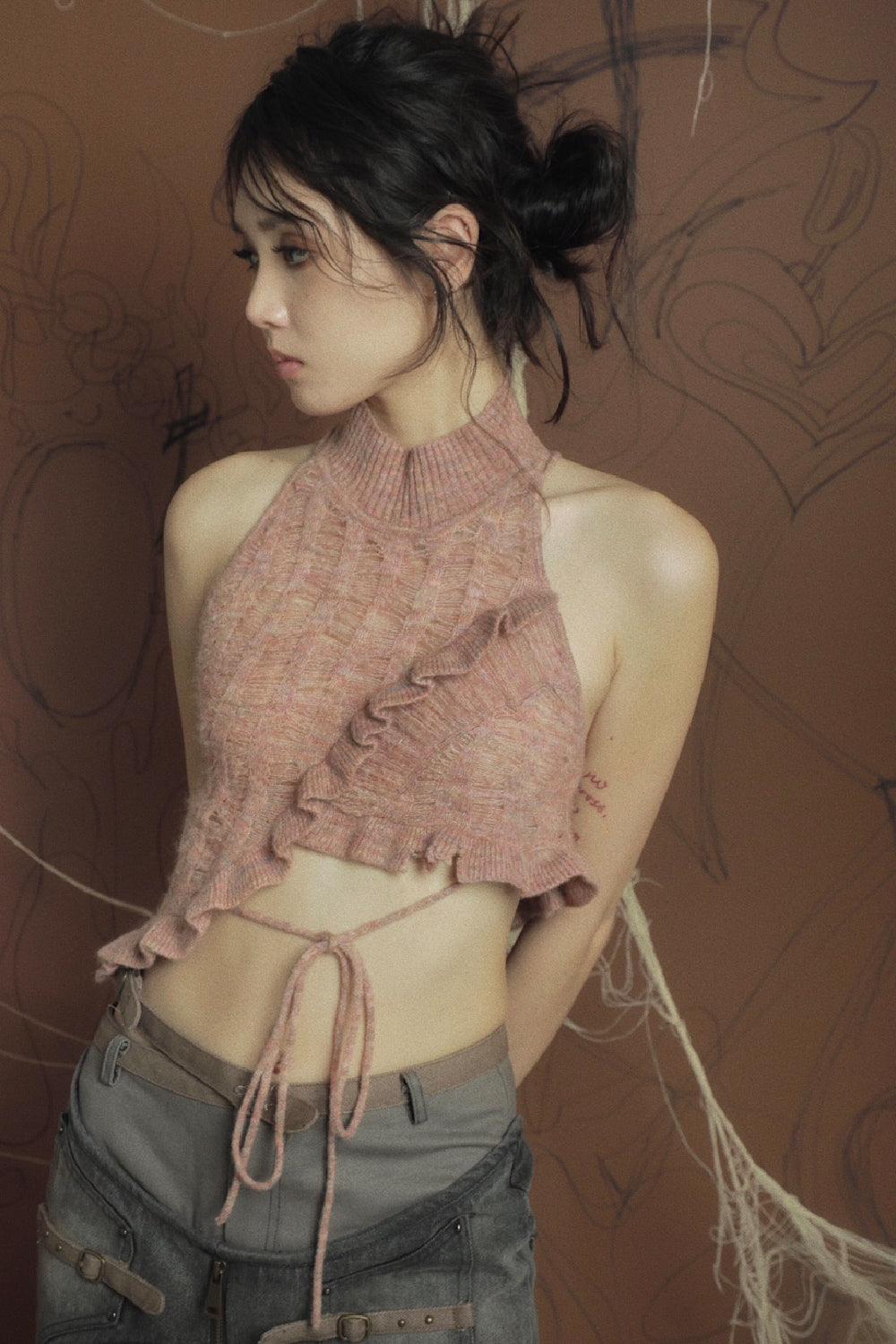 Distressed Wrap Knit Top