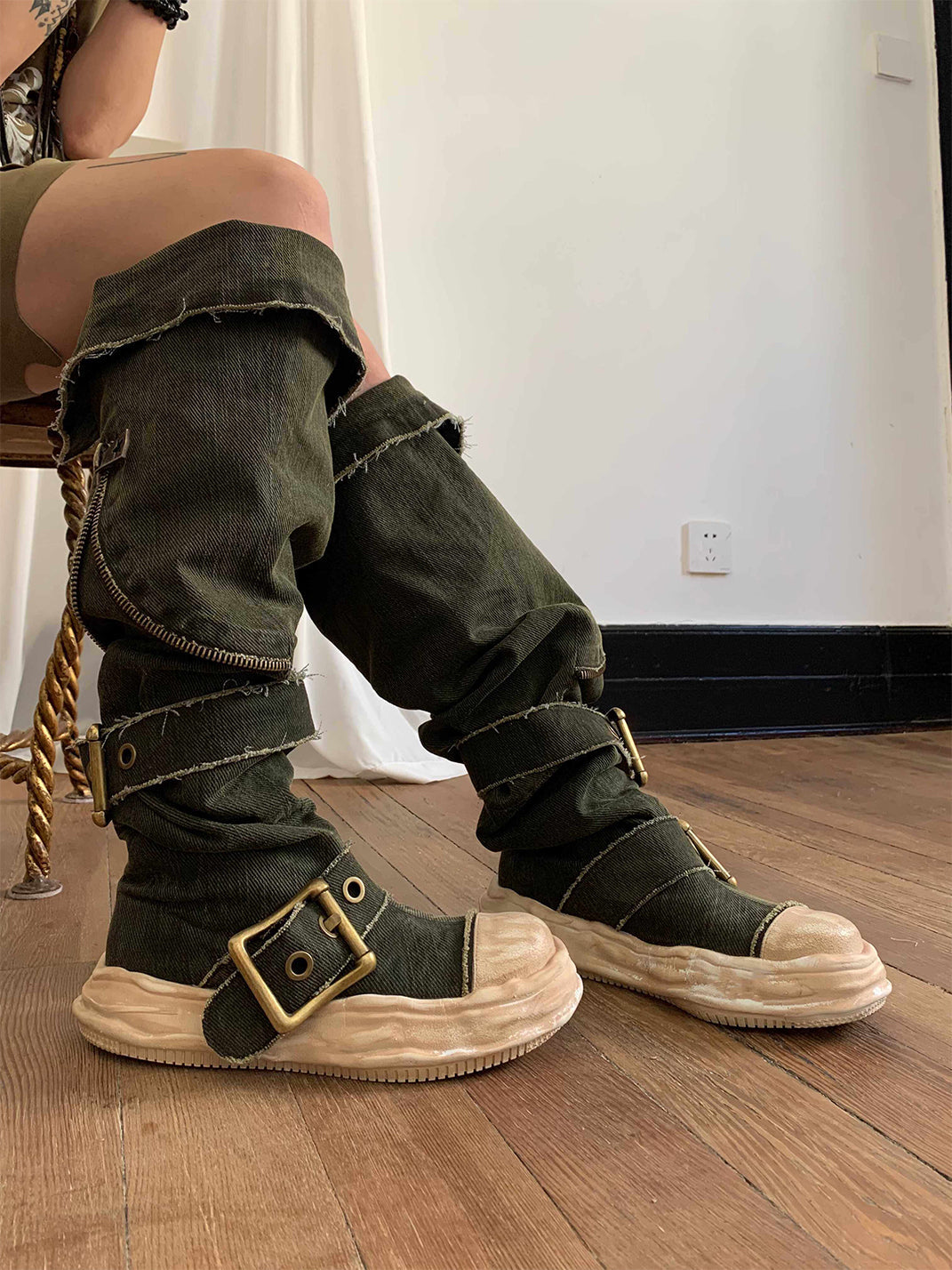 Multi-Wear Distressed Canvas Knee-High Boots - View 9