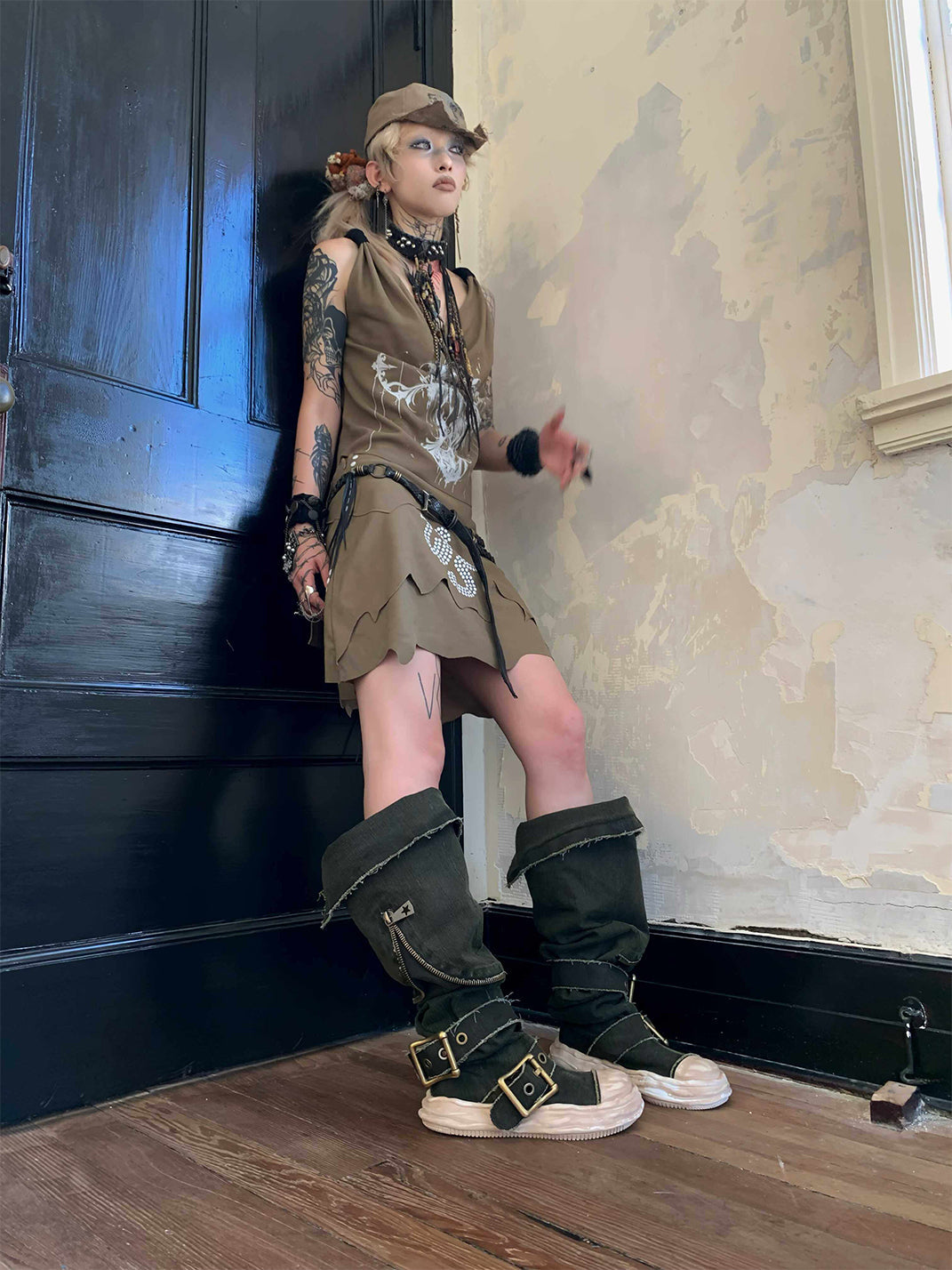 Multi-Wear Distressed Canvas Knee-High Boots - View 10