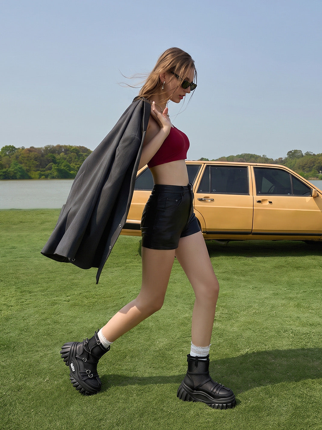 Black Mesh-Cuff Platform Combat Boots - View 2