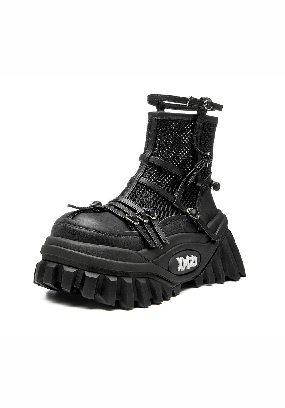 Black Mesh-Cuff Platform Combat Boots - View 7