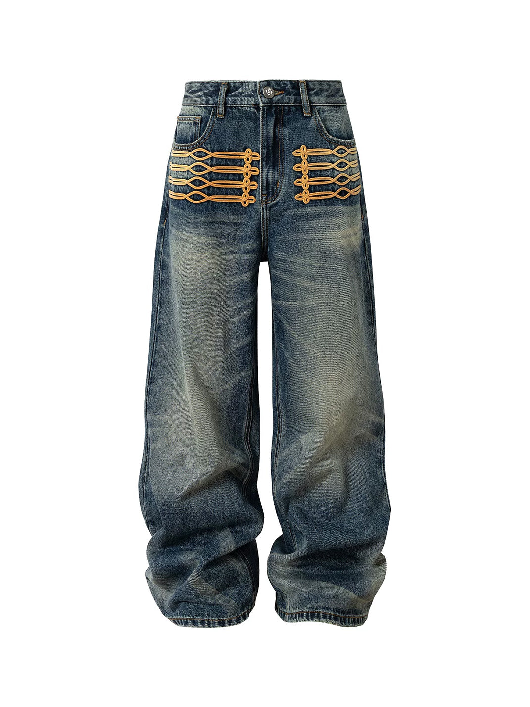 Knotted-Embroidery Whisker Jeans