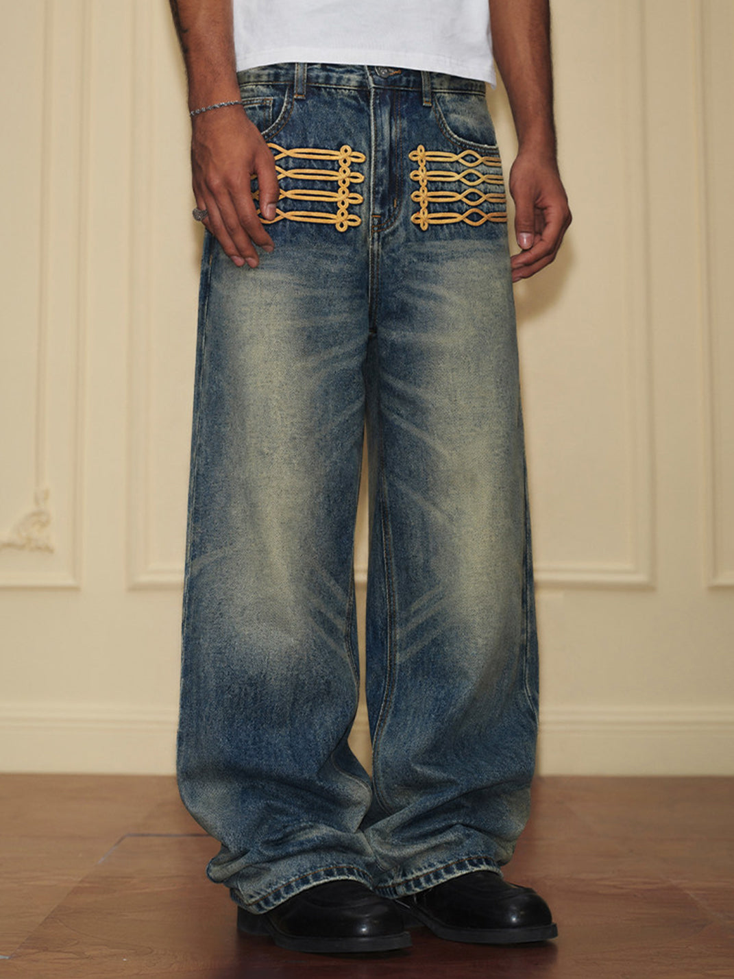 Knotted-Embroidery Whisker Jeans - View 5