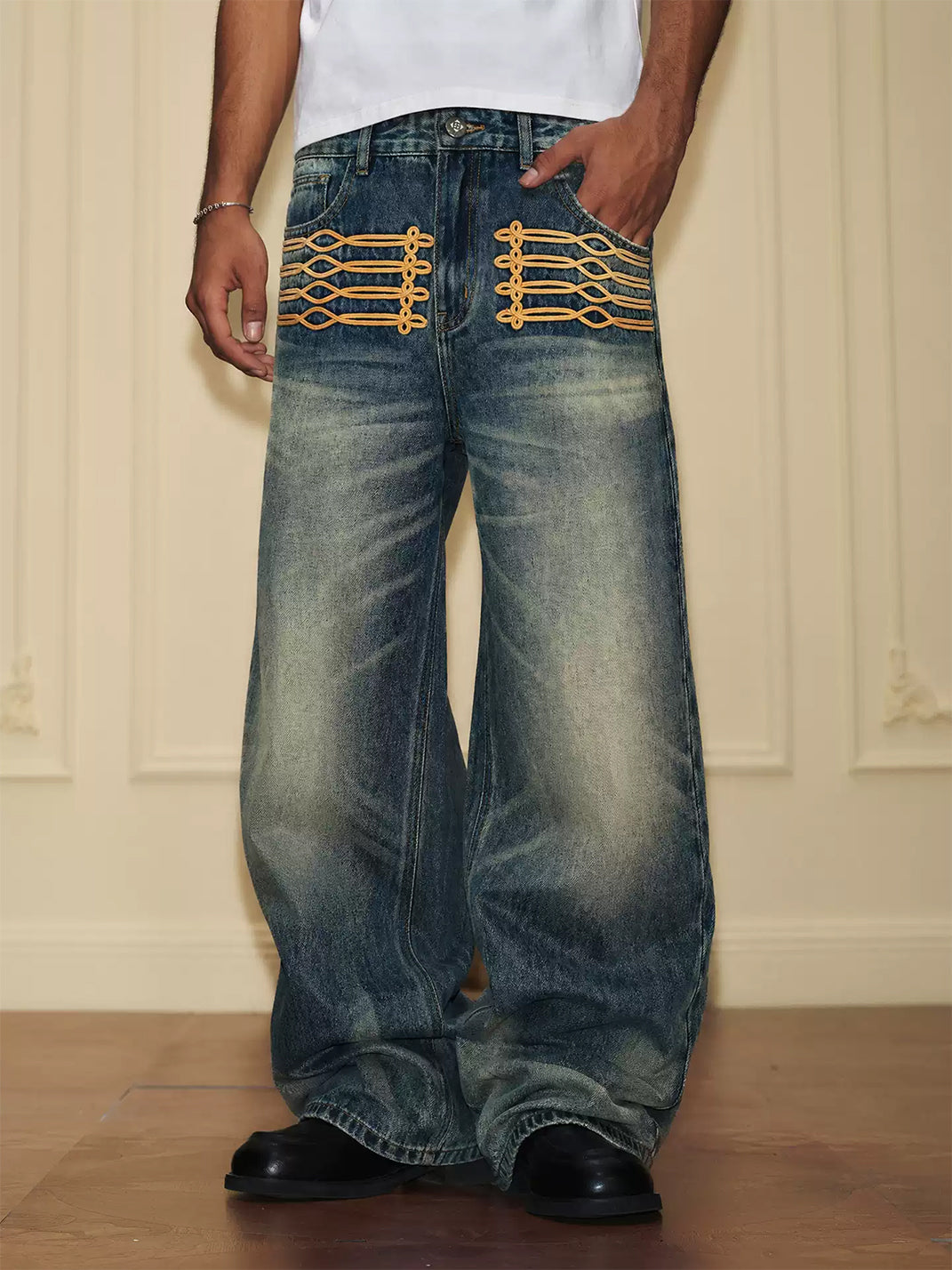 Knotted-Embroidery Whisker Jeans - View 6