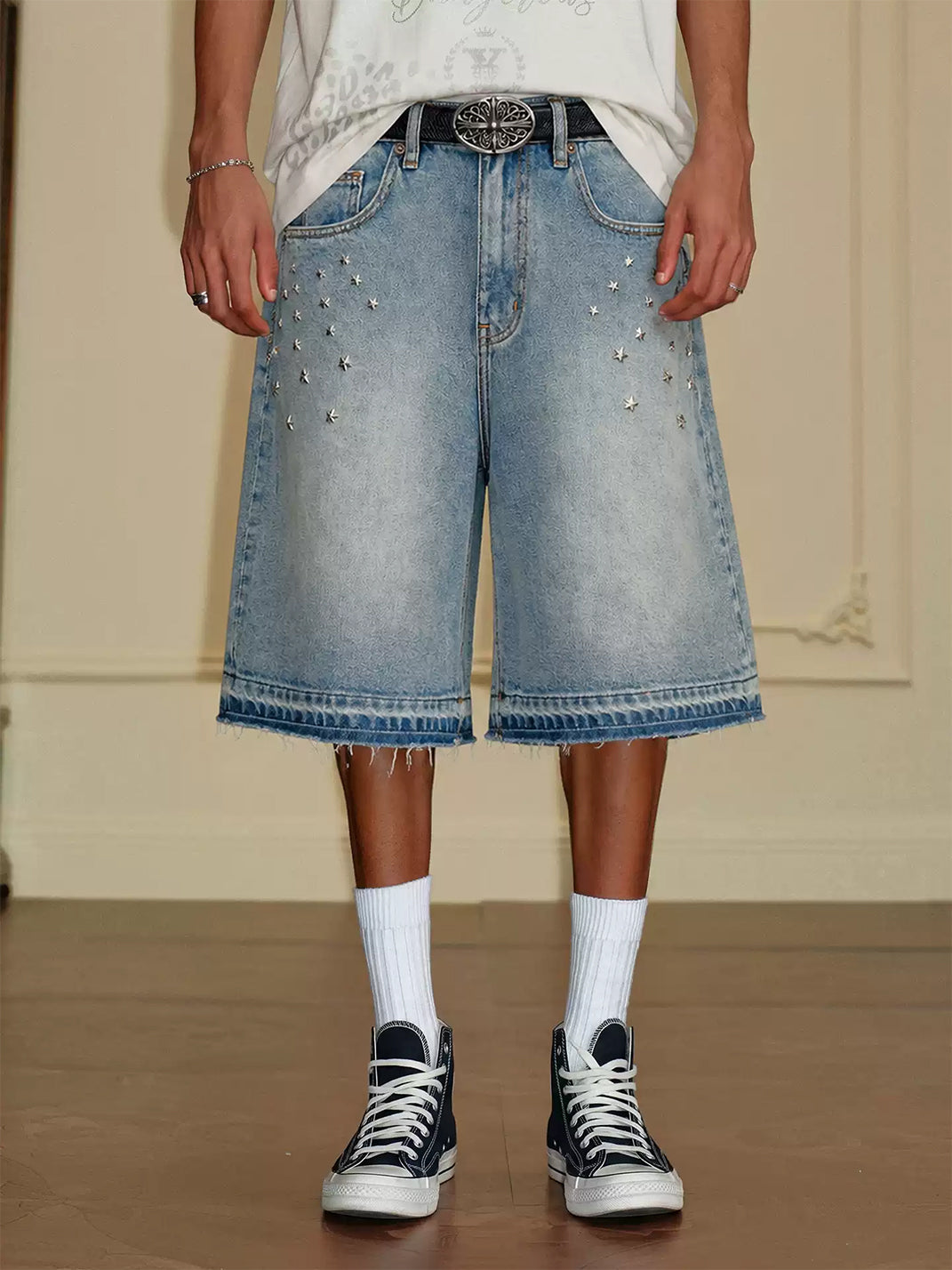 Star-Rhinestone Washed Denim Shorts - View 3