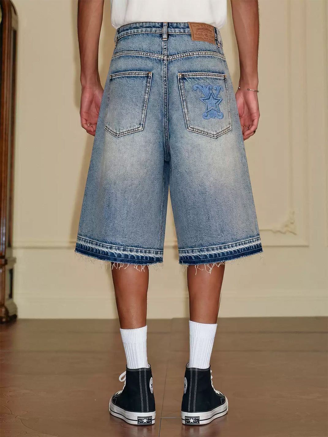 Star-Rhinestone Washed Denim Shorts - View 5
