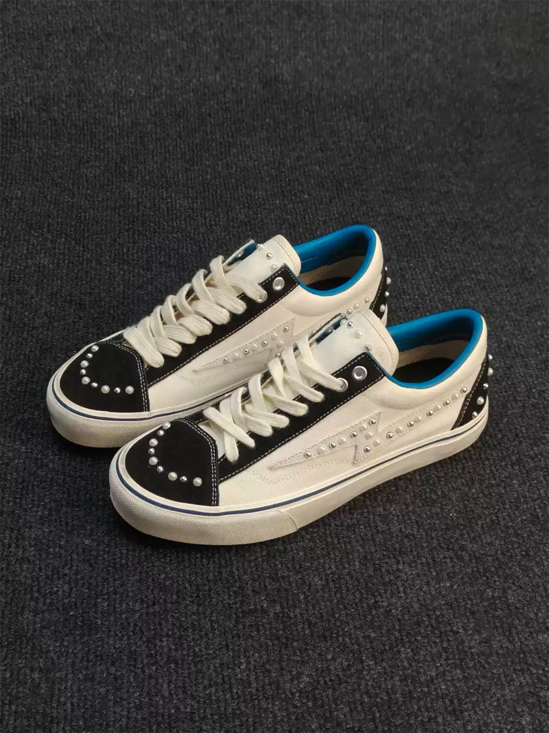 Blue-Trim Pearl-Studded Skate Sneakers