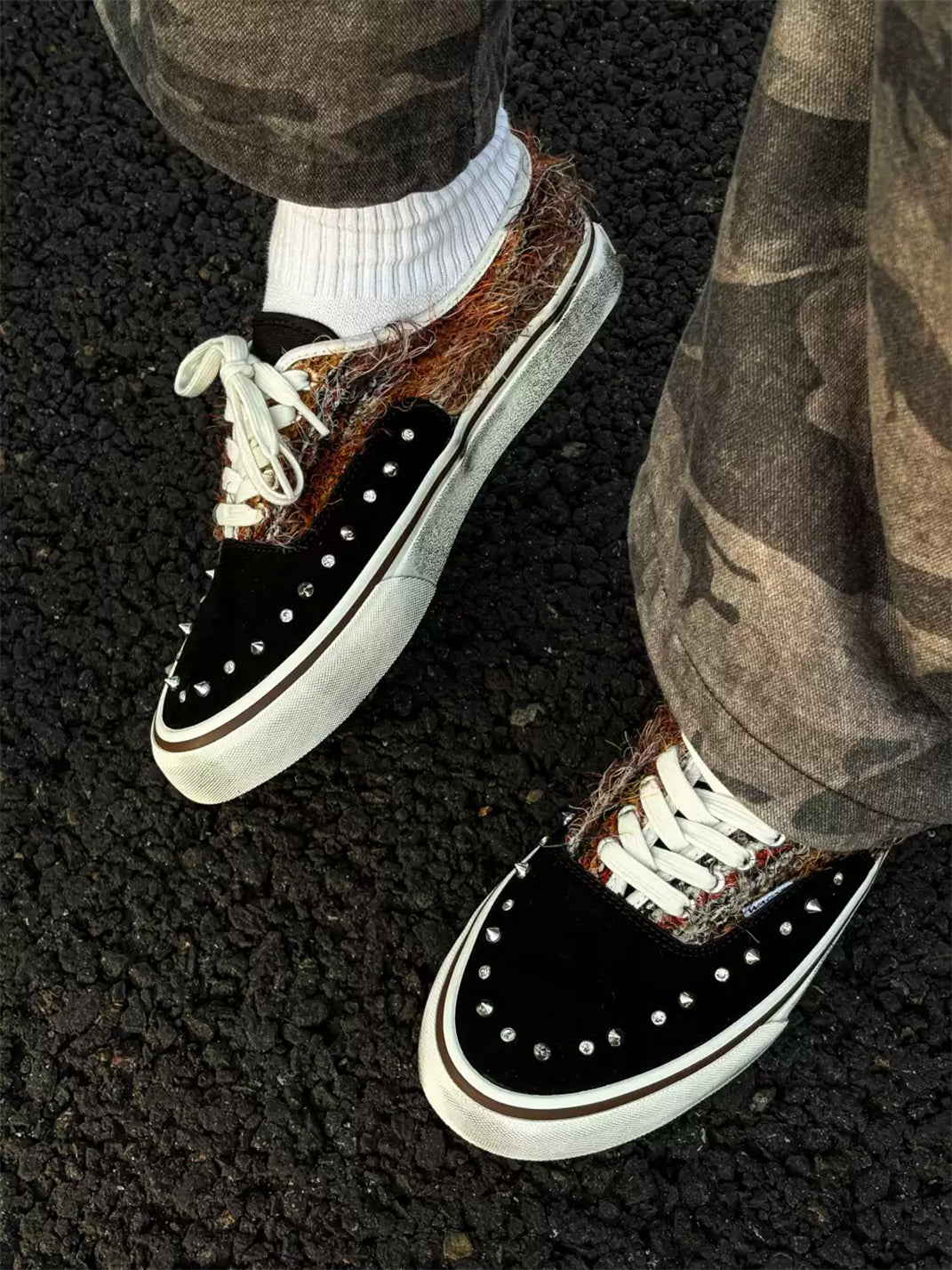 Black Mohair-Panel Studded Low-Top Sneakers - View 5