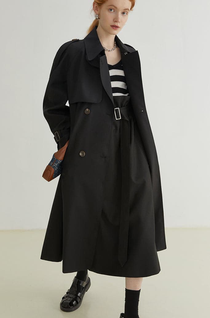 Double-Breasted Loose Mid-Length Melton Trench Coat - chiclara