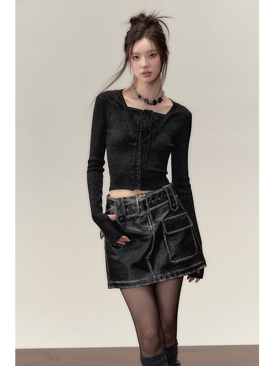 Elegant Black Knit Top With Faux Two-Piece Design - chiclara