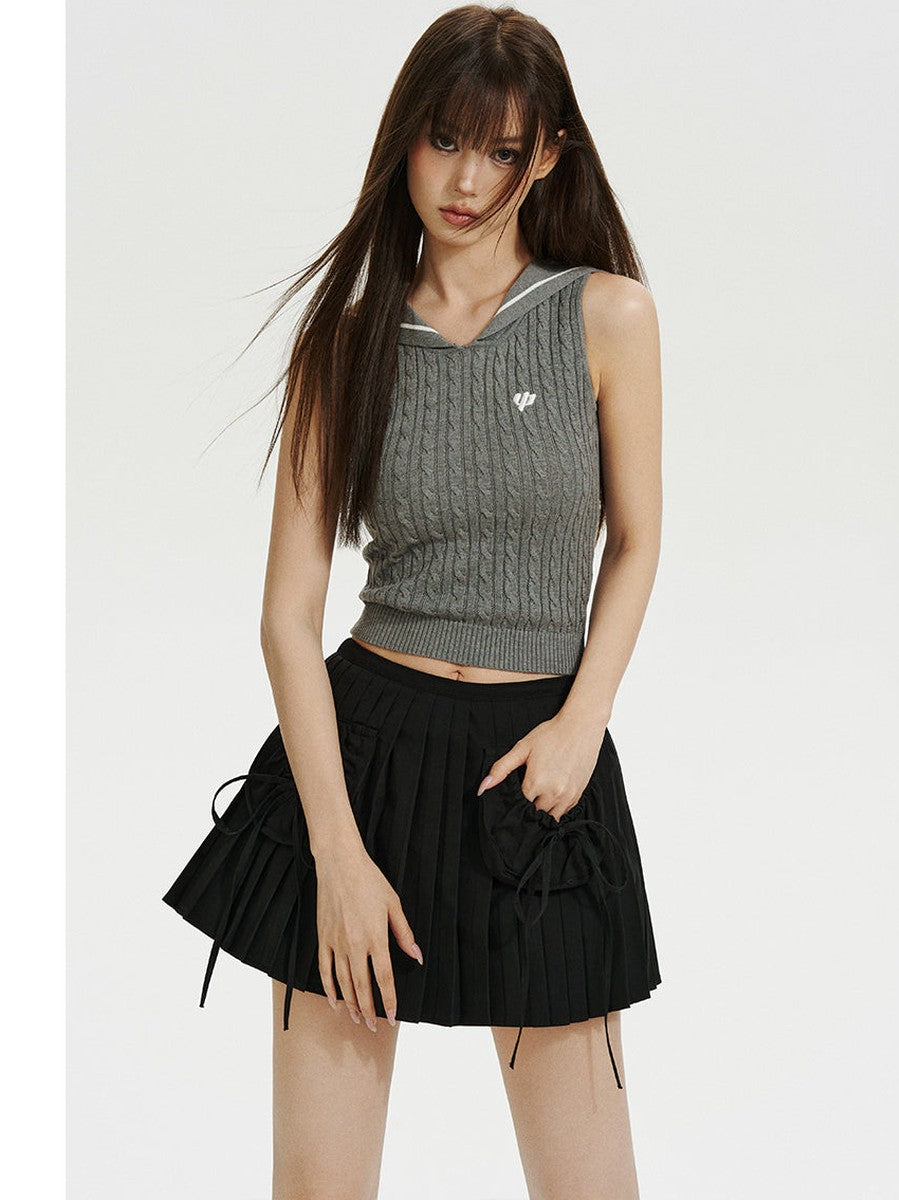 Grey Sailor Collar Vest With Logo Embroidery - chiclara