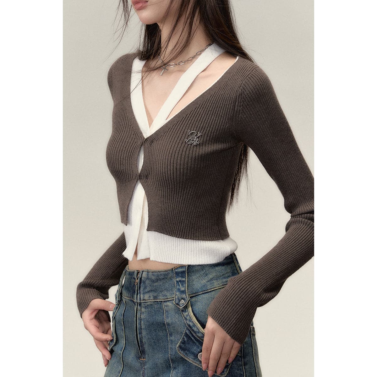 Hollow Out Knit Short Cardigan - Brown - chiclara